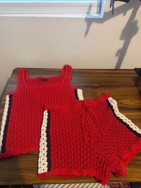 GAP Red Crochet Knit Shorts Set with Navy and Cream Trim 100% cotton